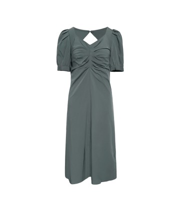 V-neck puff sleeve waist midi skirt 