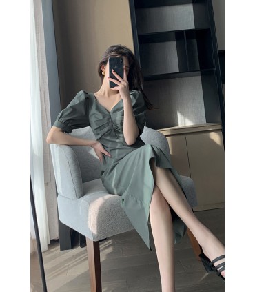 V-neck puff sleeve waist midi skirt 