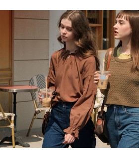 Áo sơ mi vải lanh Tencel dáng rộng có cổ đăng ten 