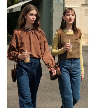 Áo sơ mi vải lanh Tencel dáng rộng có cổ đăng ten 