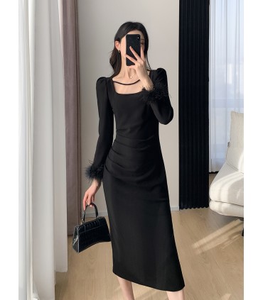 Rok Panjang Leher Persegi Pinggang Vintage Lengan Panjang