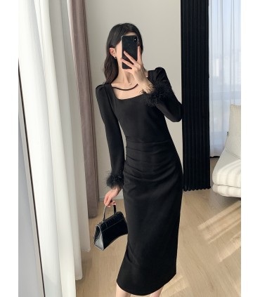 Langärmliger langer Rock mit Vintage-Taille und quadratischem Ausschnitt