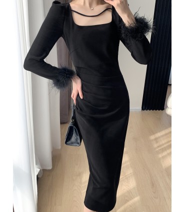 Long Sleeve Vintage Waist Square Neck Long Skirt