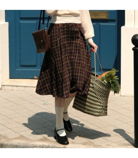 Plaid leather label wool skirt 