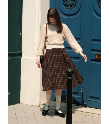 Plaid Leather Label Wool Swing Skirt 
