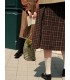 Plaid Leather Label Wool Swing Skirt 