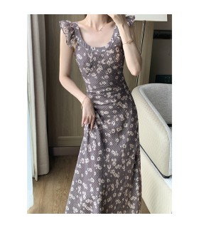 Retro waisted small flying sleeve long skirt 