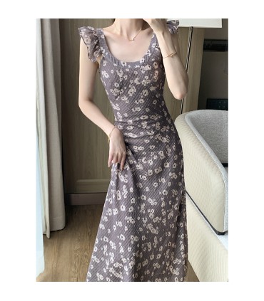 Retro waisted small flying sleeve long skirt 