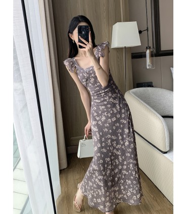 レトロなウエストの小さなフライング スリーブ ロング スカート 