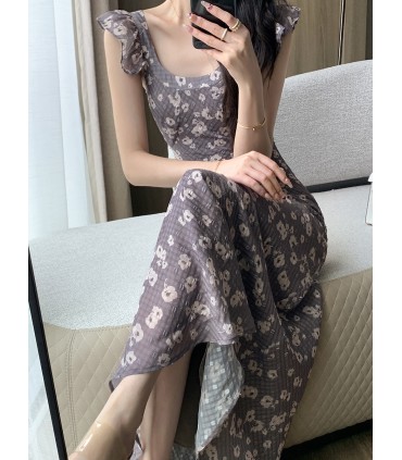 Retro waisted small flying sleeve long skirt 