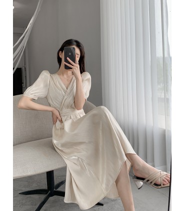 Rok Panjang Lengan Puff Retro Kerah V 