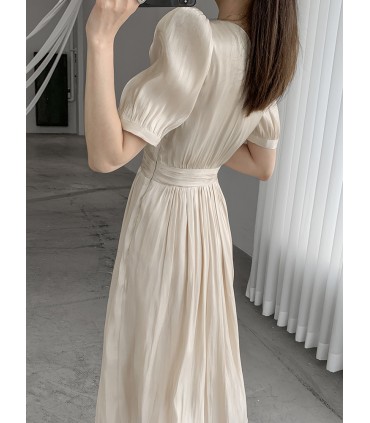 V-neck retro puff sleeve long skirt 