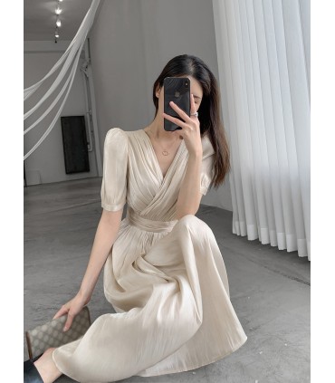 Rok Panjang Lengan Puff Retro Kerah V 