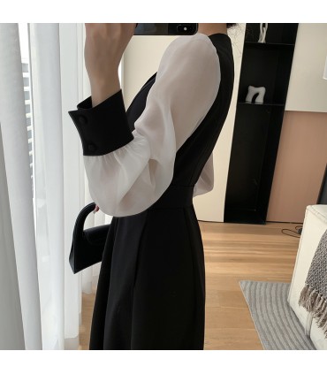 Pakaian Midi Gaya Hepburn Pinggang Lengan Panjang 