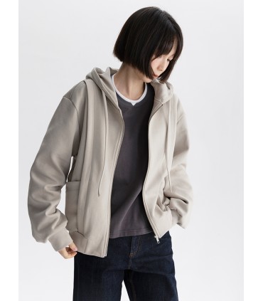 라이트 카키 지퍼 후드 재킷