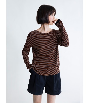 T-shirt a maniche lunghe con fondo girocollo a righe 