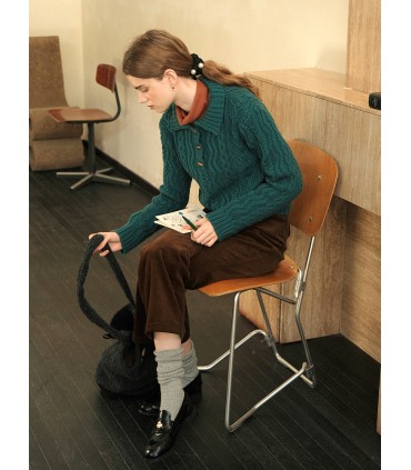 Cable calf horn buckle polo collar wool sweater