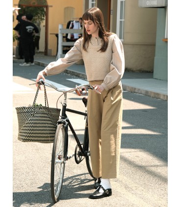 高腰两颗扣宽褶宽松九分裤