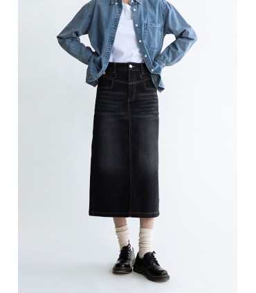 Jupe en jean fendue dos stretch noir et gris 