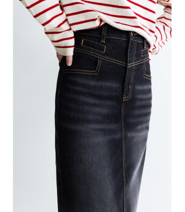 Gonna in denim elasticizzato nero e grigio con spacco posteriore