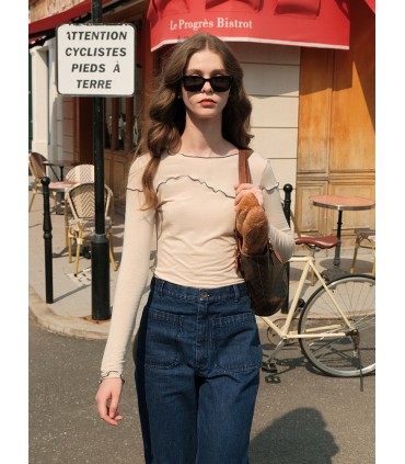 Chemise élastique à manches longues avec bordure ondulée couleurs contrastées 