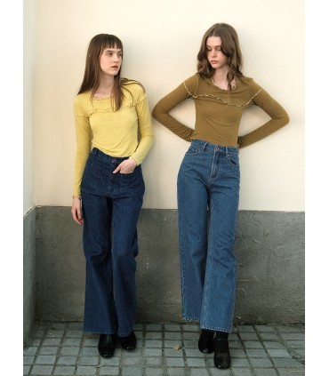 Chemise élastique à manches longues avec bordure ondulée couleurs contrastées 