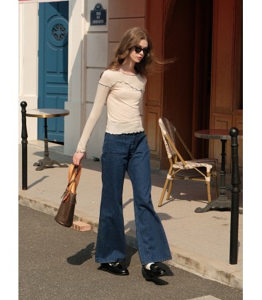 Chemise élastique à manches longues avec bordure ondulée couleurs contrastées 