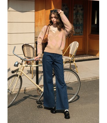 Fransk pige lodne V-hals tyk sweater