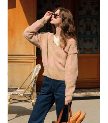 French girl furry V-neck thick sweater