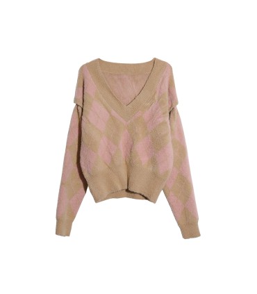 Pull épais col V fourrure fille française 