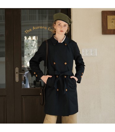 Navy blue double-breasted mid-length trench coat 
