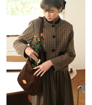 Beg kecil retro label kulit korduroi coklat 