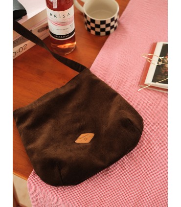 Brown corduroy leather label retro small bag 