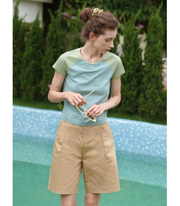 T-shirt court à manches raglan de couleur contrastante à col rond