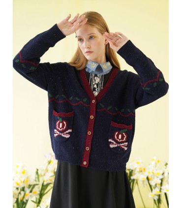 撞色苹果蝴蝶结毛衣开衫