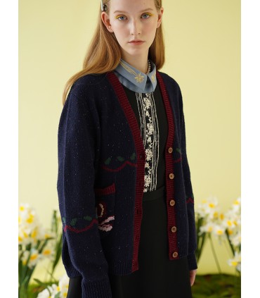 撞色苹果蝴蝶结毛衣开衫