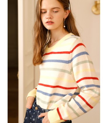 Sweater Berjalur Pelangi Gadis Perancis Retro