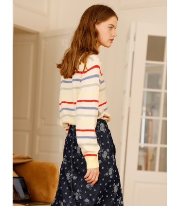 Sweater Berjalur Pelangi Gadis Perancis Retro