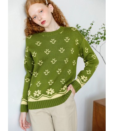 Suéter de gola redonda grossa de lã verde margarida verde fresco 