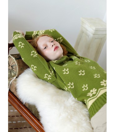 Suéter de gola redonda grossa de lã verde margarida verde fresco 