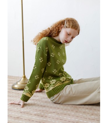 Suéter de gola redonda grossa de lã verde margarida verde fresco 