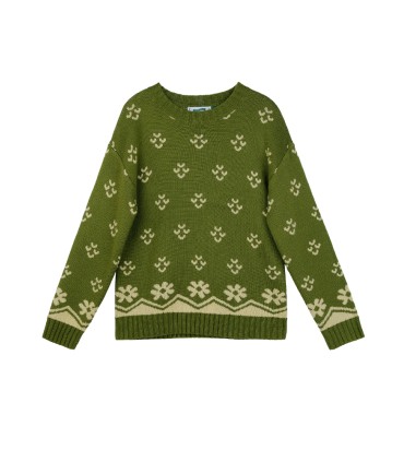 Suéter de gola redonda grossa de lã verde margarida verde fresco 