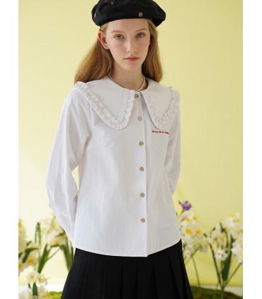 French Girly Nakışlı Beyaz Gömlek 