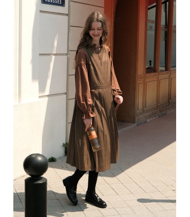 Schoko-Mokka, lockeres, plissiertes, kariertes Sommerkleid 