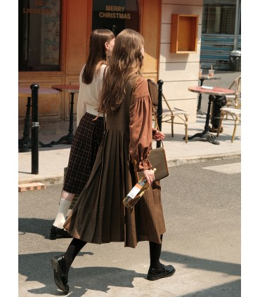 チョコレート モカ ルーズ プリーツ チェック柄サンドレス 