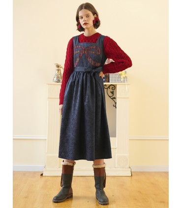 Marineblauwe mouwloze halflange rok met geborduurd strikje 