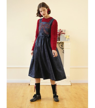 Marineblauwe mouwloze halflange rok met geborduurd strikje 