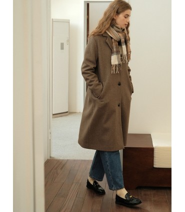 Suit Collar Simple Oatmeal Camel Wool Long Coat 