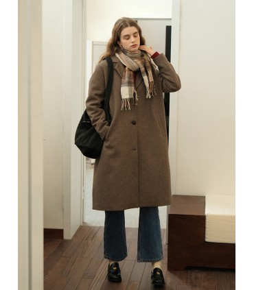 Suit Collar Simple Oatmeal Camel Wool Long Coat 